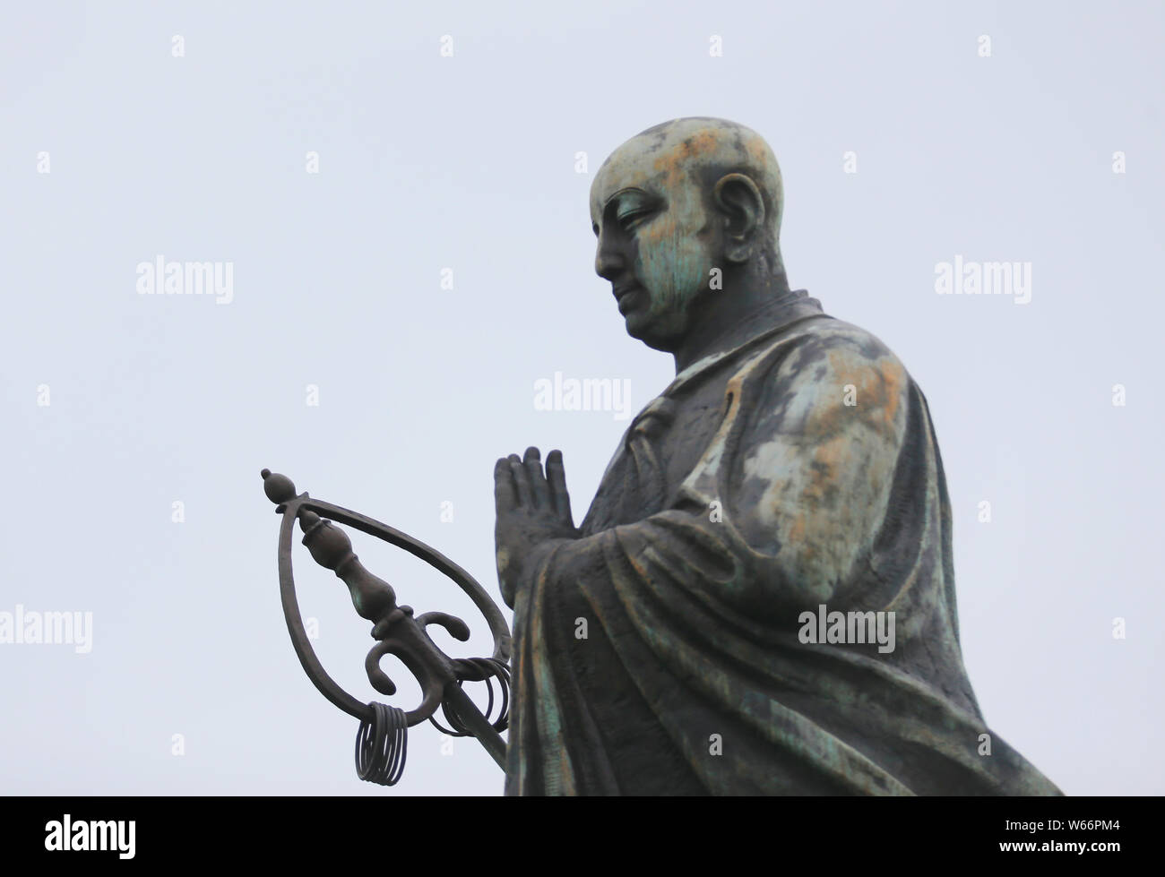 A bronze statue of Chinese Buddhist monk Xuanzang turning green is