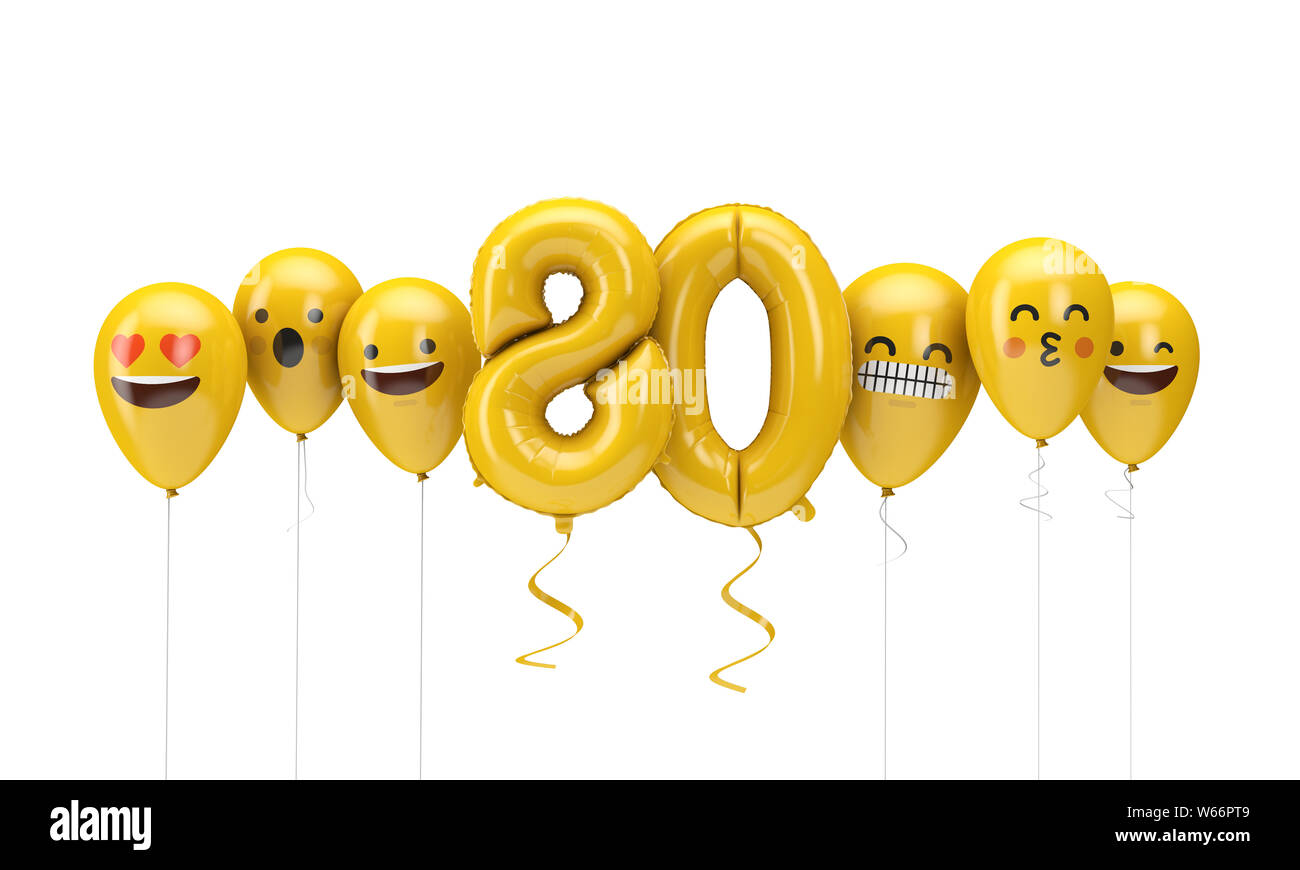 Number 80 yellow birthday emoji faces balloons. 3D Render Stock Photo