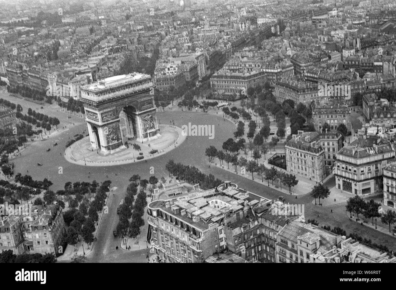 Paris,France-07-12-1940 unique historic aerial of Place de lètoile and Arc de Triomphe, taken by a German aerial reconnaissance photographer during German occupation of France Stock Photo