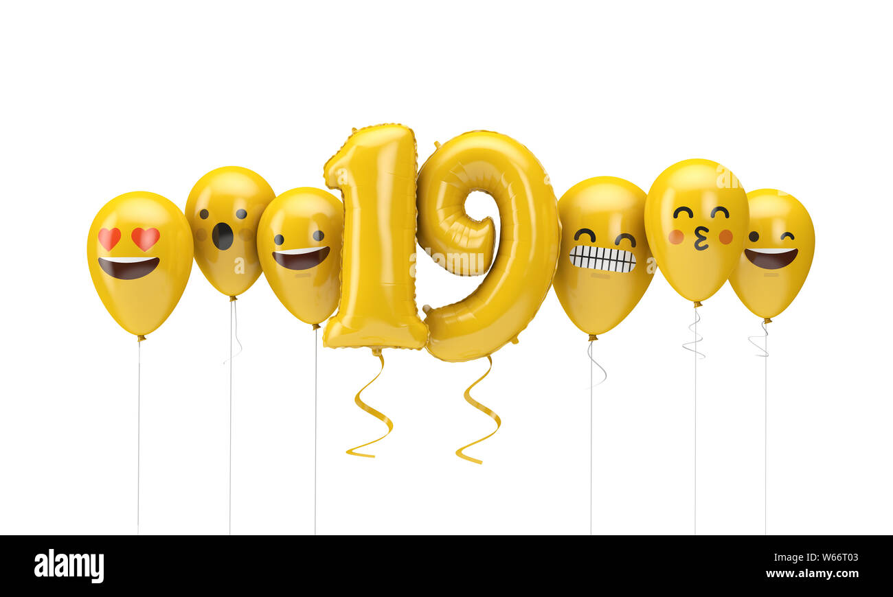 Number 19 yellow birthday emoji faces balloons. 3D Render Stock Photo