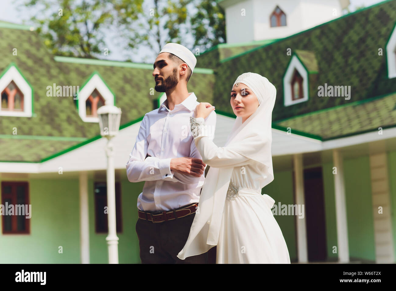 National wedding. Bride and groom. Wedding muslim couple during the marriage ceremony. Muslim marriage. Stock Photo