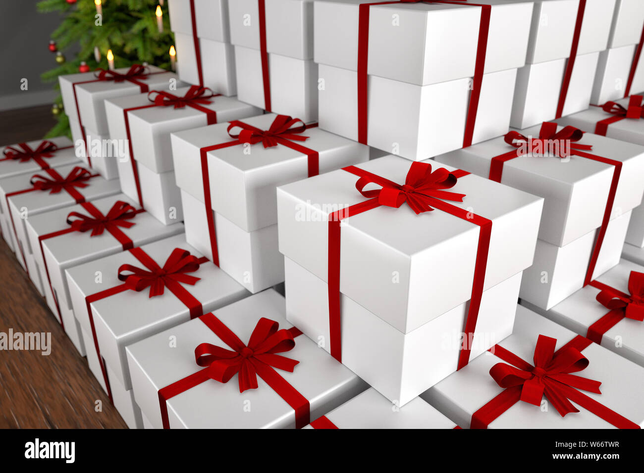 3D rendering: A heap of uniform presents is obstructing the view to the christmas tree. Concept for abundance at christmas and the commercialization o Stock Photo