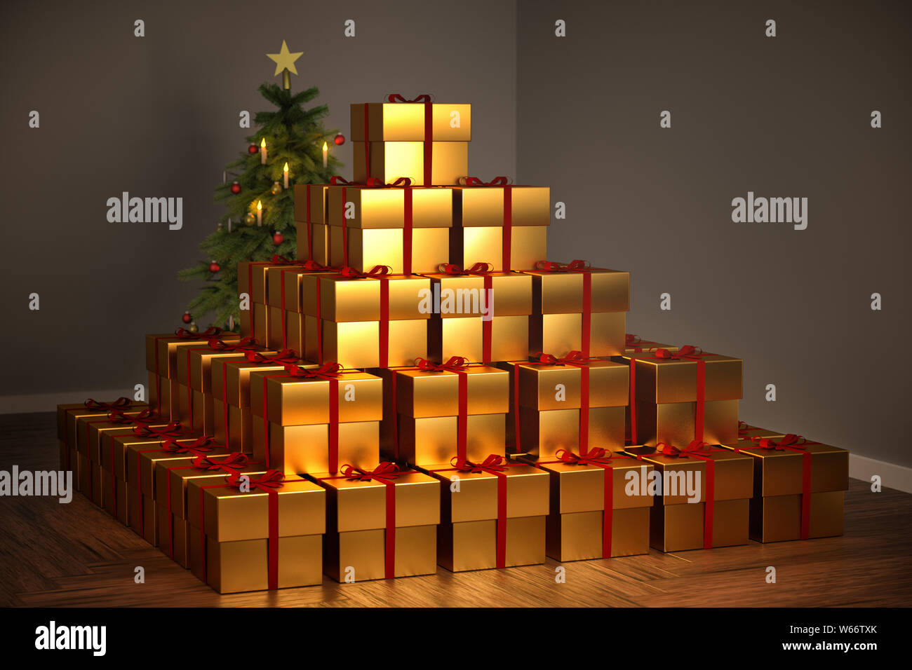 3D rendering: A heap of uniform golden presents is obstructing the view to the christmas tree. Concept for abundance at christmas and the commercializ Stock Photo