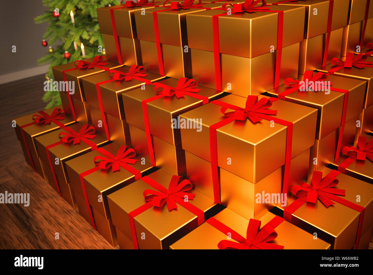 3D rendering: A heap of uniform golden presents is obstructing the view to the christmas tree. Concept for abundance at christmas and the commercializ Stock Photo
