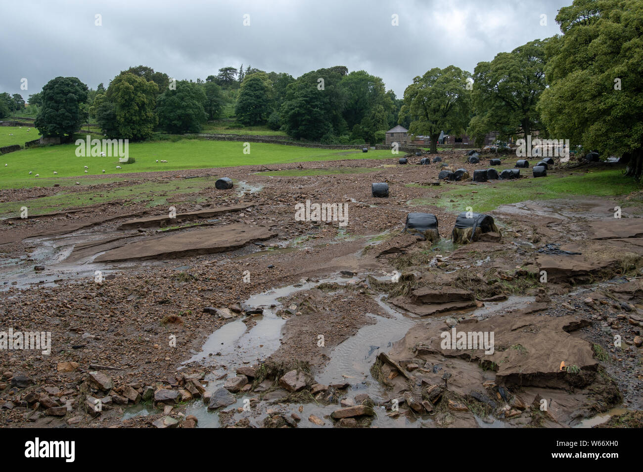 Arkengarthdale, North Yorkshire, UK. 31st July 2019.Douglas Barninghams farm in Arkengarthdale was left a scene of devastation after the flash flood which ripped through Swaledale yesterday. Over 300 bales of silage were swept away and around 200 sheep are still missing, also presumed to be swept away. Credit: Wayne HUTCHINSON/Alamy Live News Stock Photo