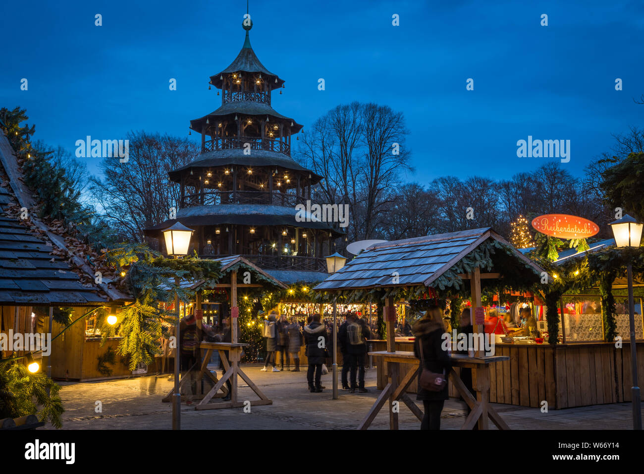 Traditional Christmas Market at the Chinese Tower, Munich, Germany Stock Photo