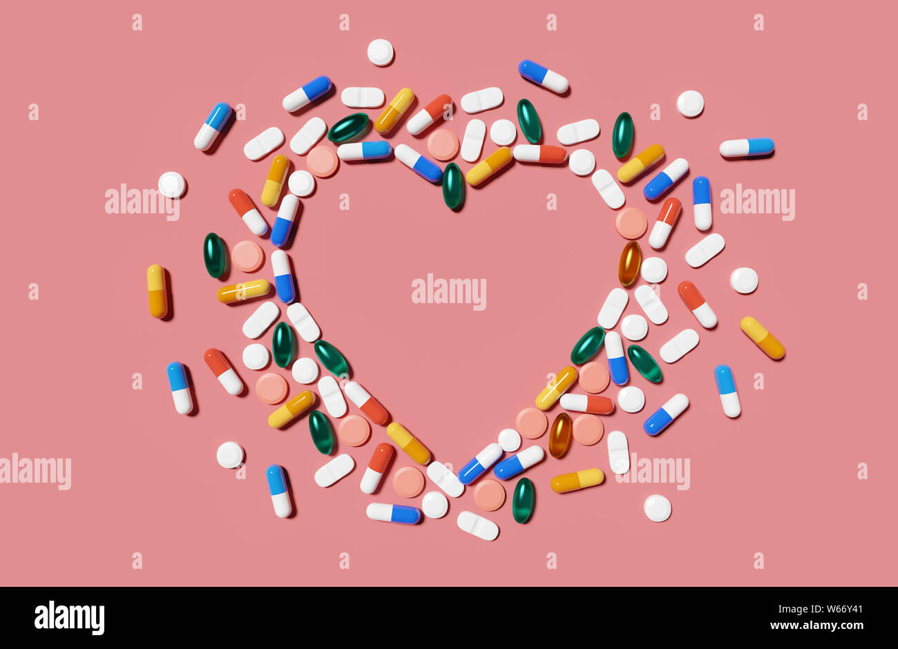 Medicine pills and capsules in a heart shape. 3D render illustration. Stock Photo