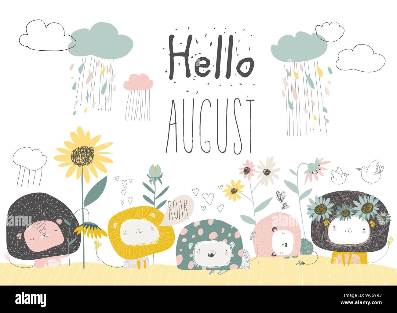 Cute lions with flowers and clouds. Hello august Stock Vector Image ...