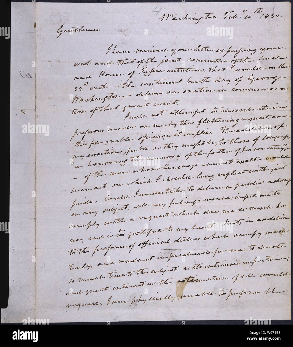 Letter from John Marshall to Henry Clay and Philemon Thomas regarding the centennial of the birth of George Washington, 02/1832 Stock Photo