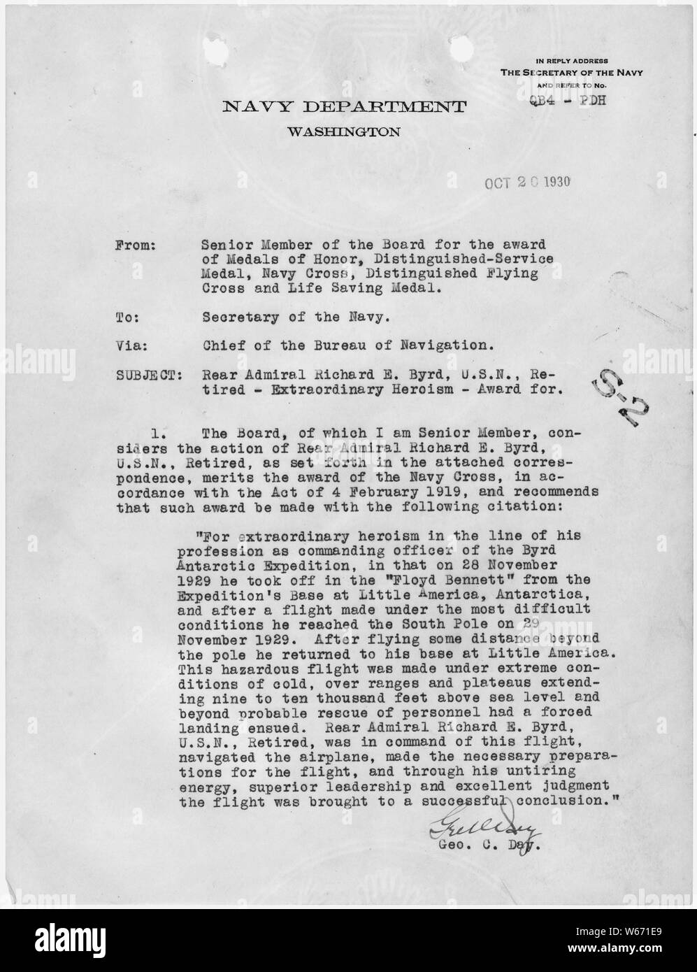 Letter from George C. Day, Senior Member of the Awards Board, to the Secretary of the Navy recommending that Rear Admiral Richard E. Byrd be awarded the Navy Cross for his first flight over the South Pole. Stock Photo