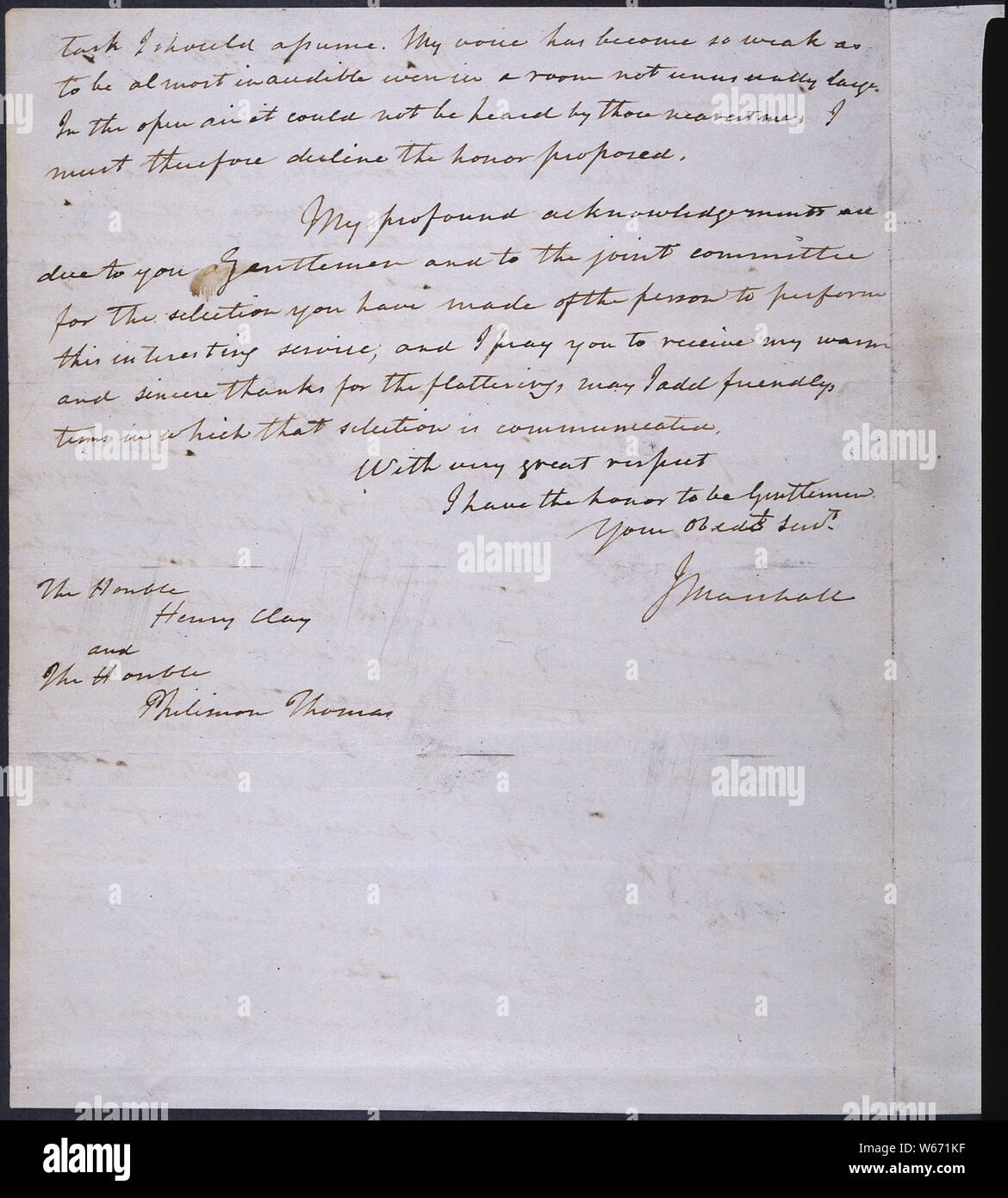 Letter from John Marshall to Henry Clay and Philemon Thomas regarding the centennial of the birth of George Washington, 02/1832 Stock Photo