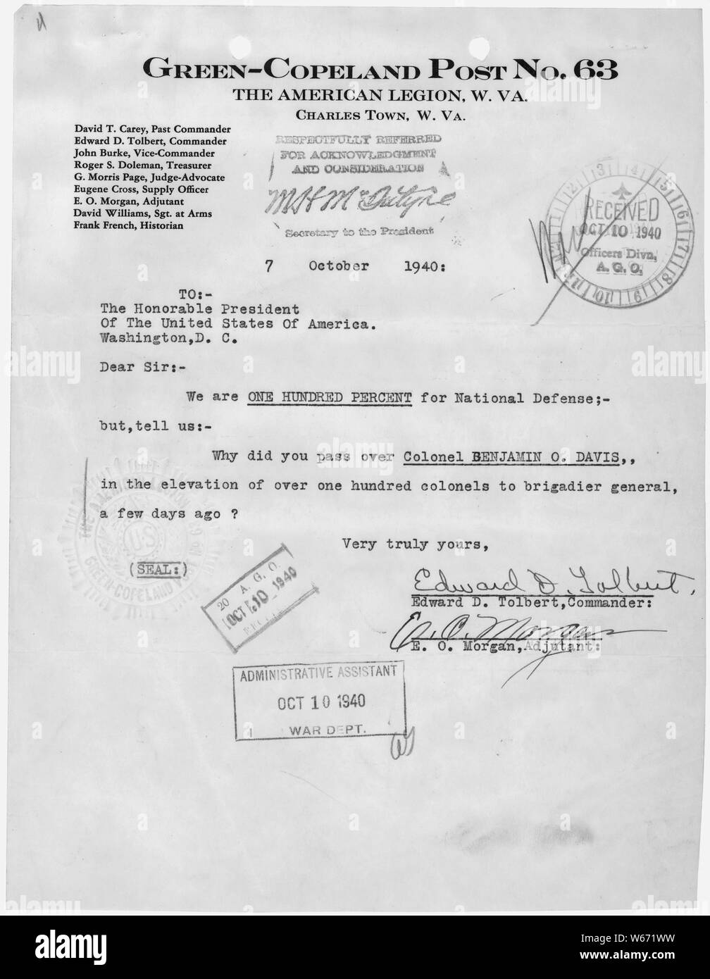 Letter from the Commandant and Adjutant of Green-Copeland Post No. 63, American Legion in Charles Town, West Virginia, to the President of the United States; Scope and content:  Letter from officers of Green-Copeland Post No. 63, American Legion in Charles Town, West Virginia, to President Roosevelt asking him why he passed over Colonel Davis for promotion. Davis' name did not appear on the General Officers appointment list announced in late September 1940. Stock Photo