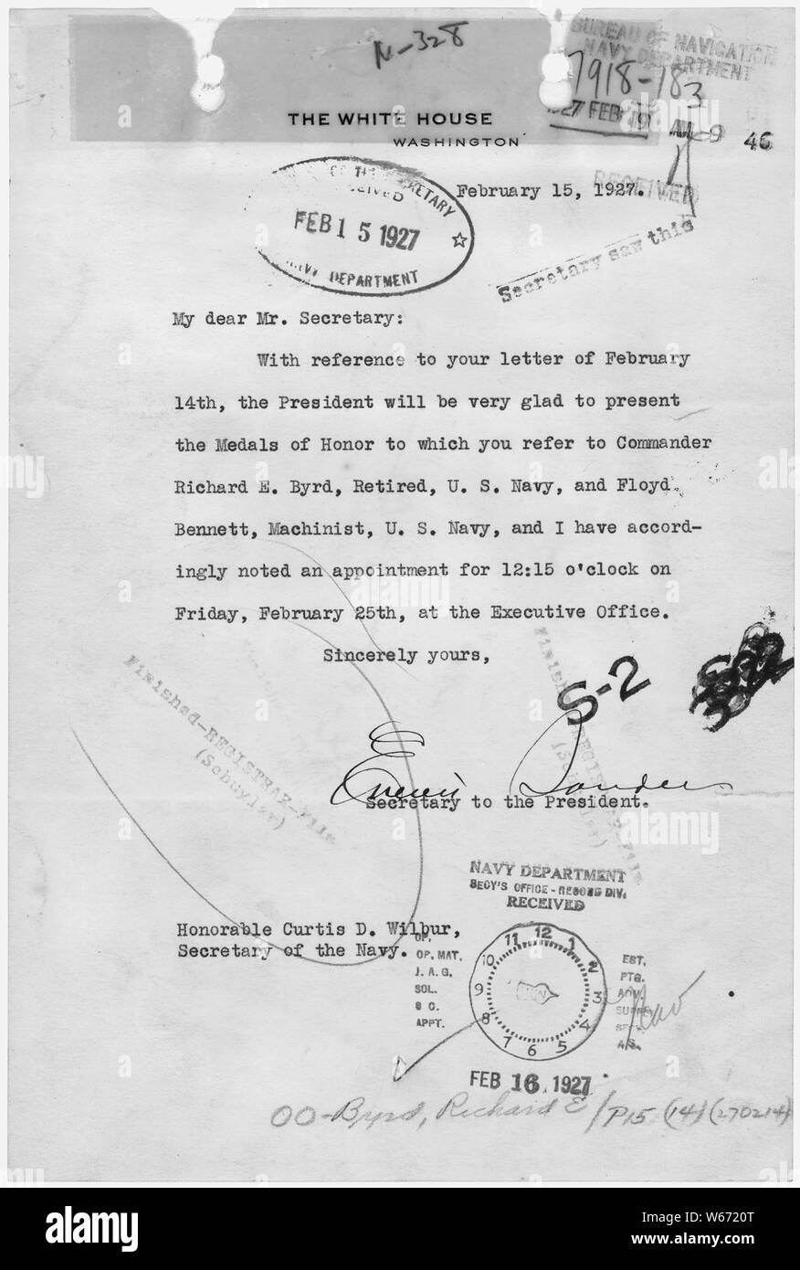 Letter responding to previous item. Response for President Calvin Coolidge written by Secretary to the President, Ernest Sanders, confirming an appointment for the President to present the Medals of Honor to Commander Richard E. Byrd and Navy Machinist Floyd Bennett on February 25, 1927. Stock Photo