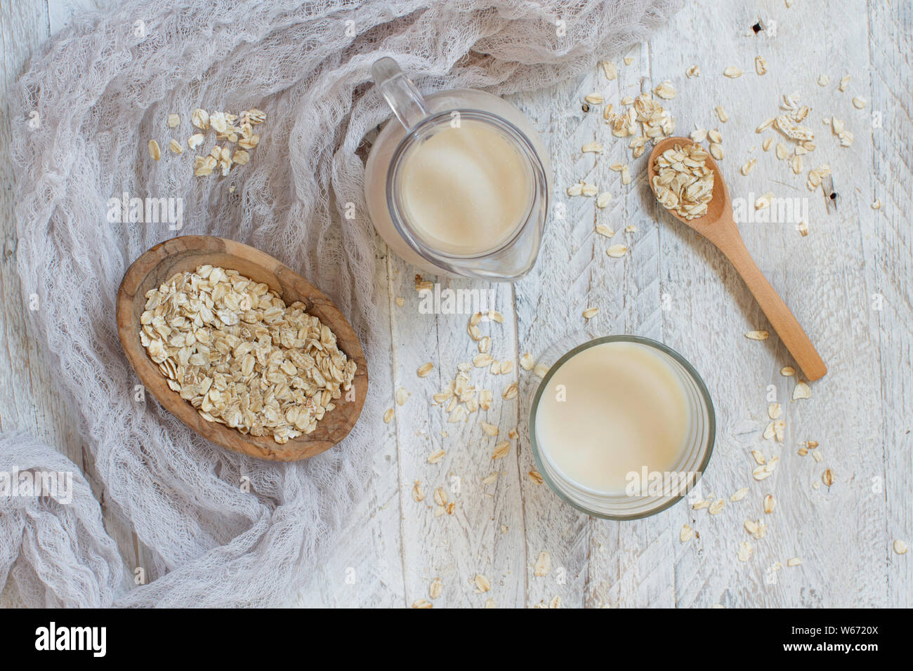Vegan oat milk, non dairy alternative milk top view Stock Photo Alamy