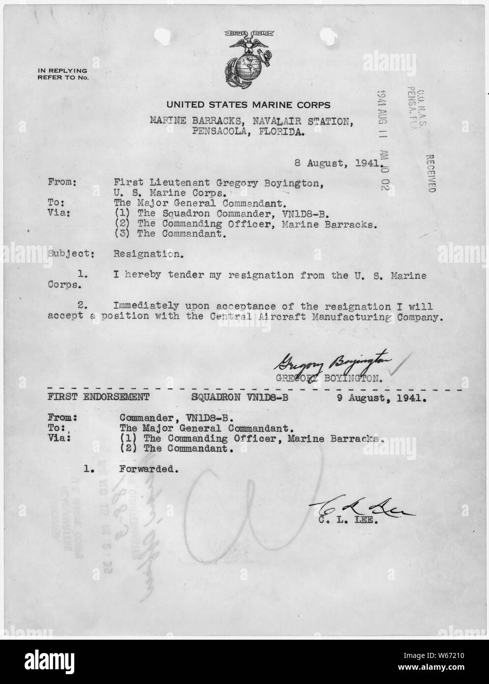 Letter of resignation from the U.S. Marine Corps, to accept a position with the Central Aircraft Manufacturing Company. This company was a cover organization for the American Volunteer Group (Flying Tigers) in order to circumvent various laws regarding Americans serving as mercenaries.; General notes:  Original signature. Stock Photo