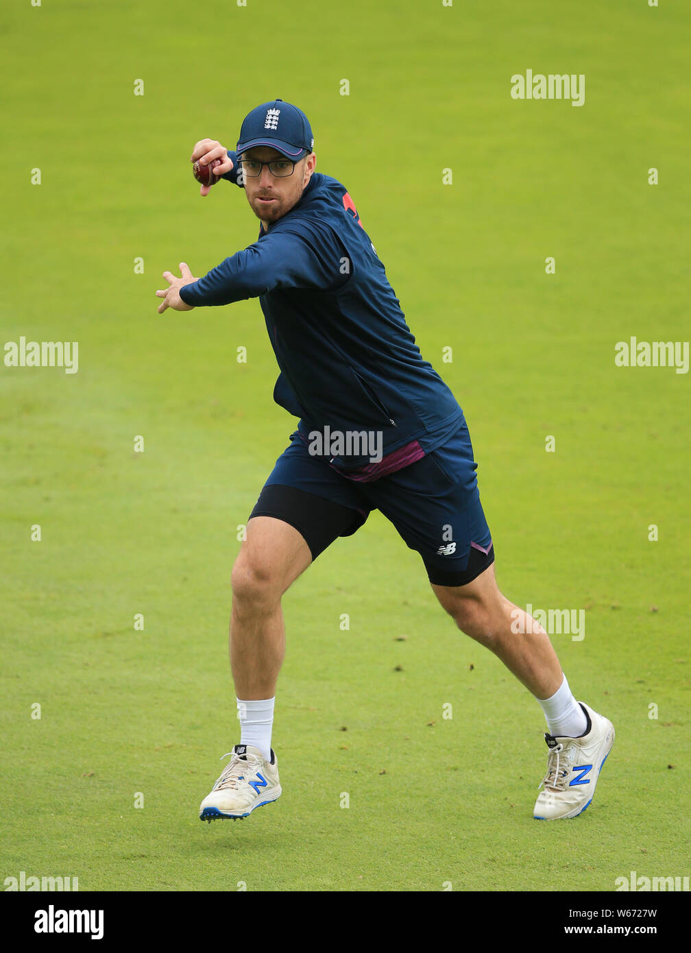 Birmingham, UK. 31st July, 2019. Jack Leach during fielding practice before the Specsavers Ashes