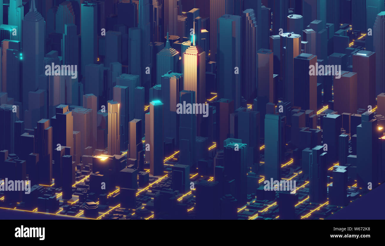 Render hologram futuristic 3d city neon light. 3d rendering Stock Photo ...