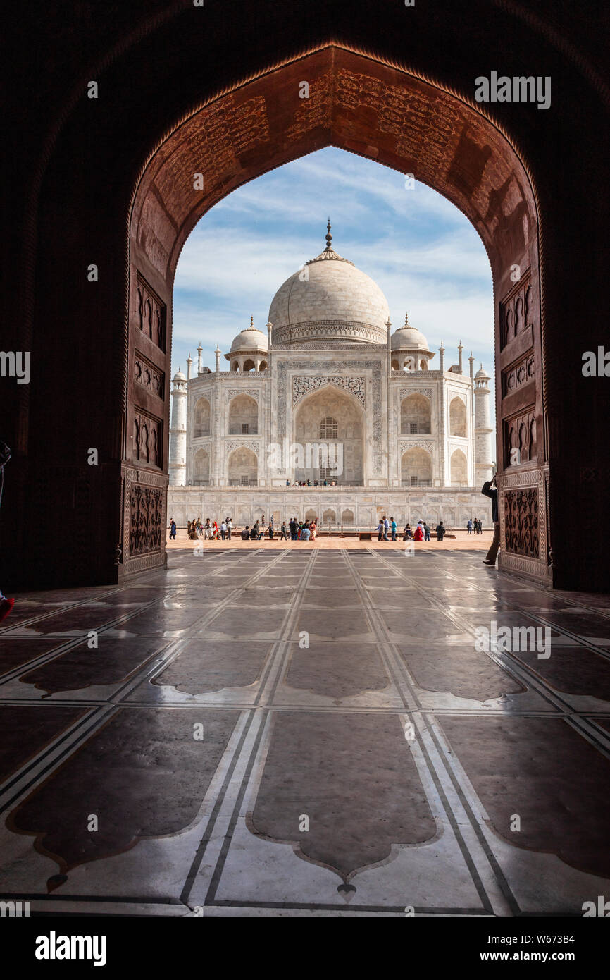 The majestic Taj Mahal from inside the Kau Ban Mosque, a place of assembly for worshipers Stock Photo