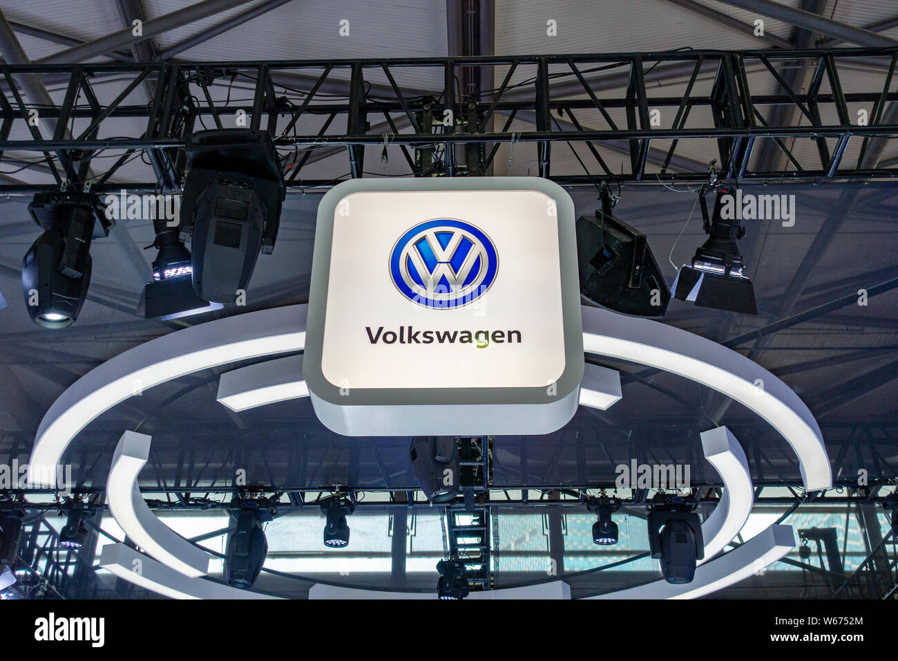 --FILE--View of the stand of Volkswagen during the 2018 Mobile World Congress (MWC) in Shanghai, China, 29 June 2018.   Volkswagen AG will reintroduce Stock Photo