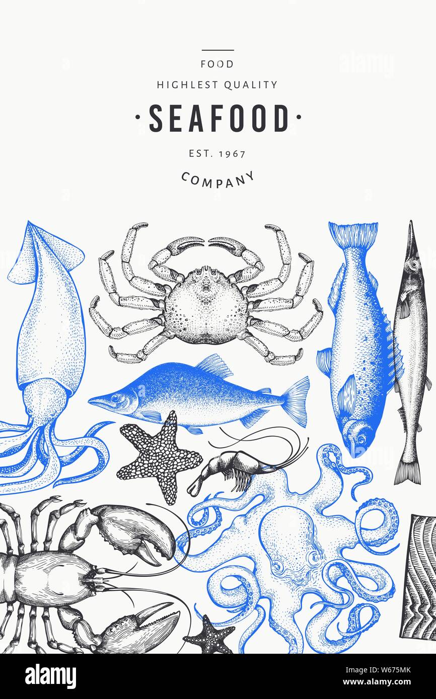 Seafood and fish design template. Hand drawn vector illustration. Can ...