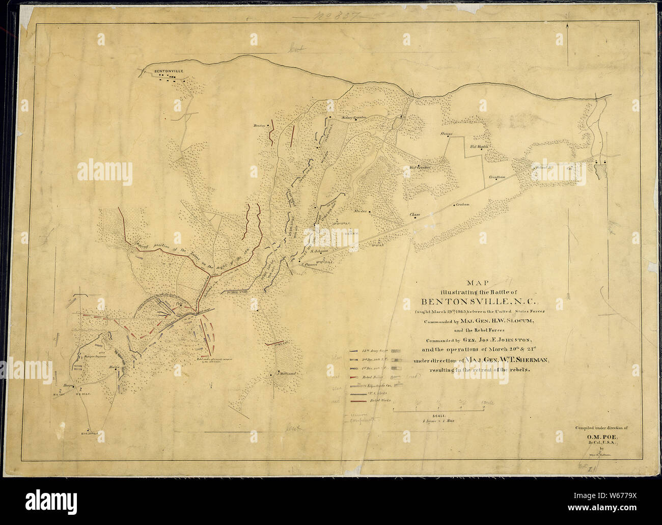 Map illustrating the Battle of Bentonsville, N.C., fought March 19th, 1865, between the United States Forces Commanded by Maj. Gen. H. W. Slocum and the Rebel Forces Commanded by Gen. Jos. E. Johnston, and the operations of March 20th & 21st under direction of Maj. Gen. W. T. Sherman resulting in the retreat of the rebels. Compiled under direction of O. M. Poe, Br. [Bvt.] Col., U.S.A., by Major E. [F.] Hoffmann. Stock Photo