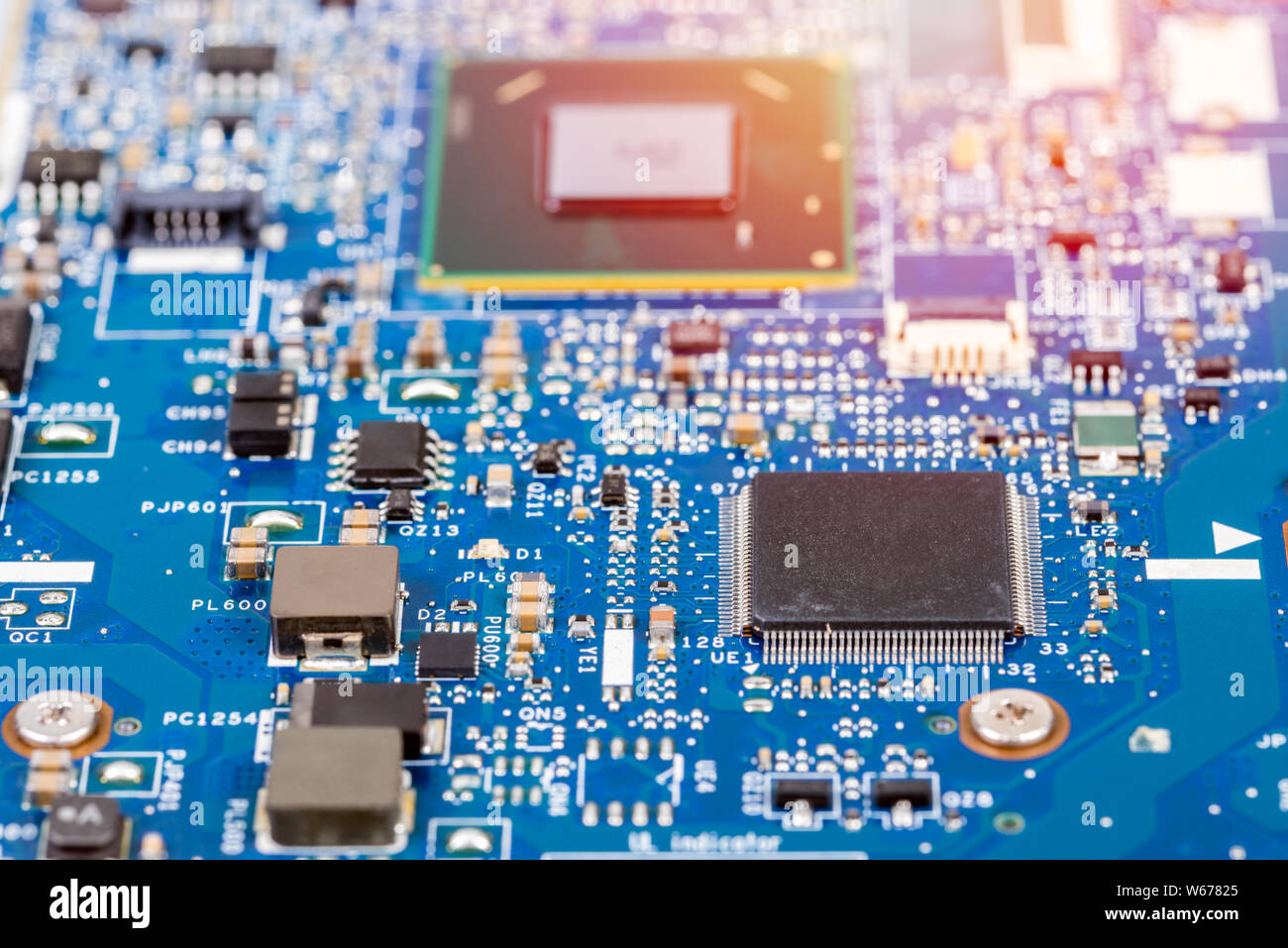 View of a Circuit board with processor. Selective focus Stock Photo