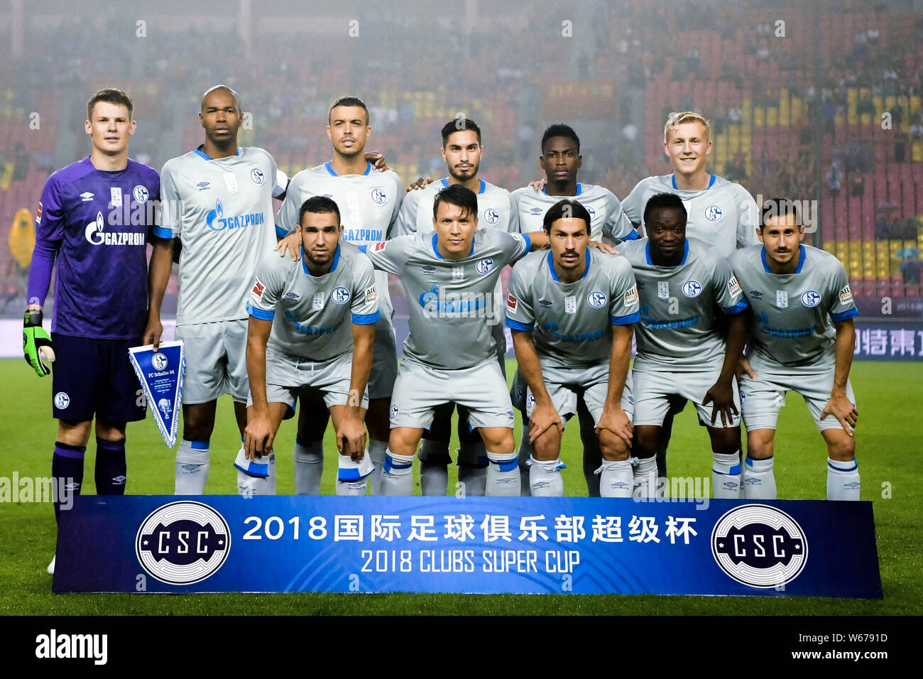 Players Of The Starting Line Up Of Fc Schalke 04 Pose For Photos Before Their Friendly Match Against Hebei China Fortune F C During The 2018 Clubs Su Stock Photo Alamy