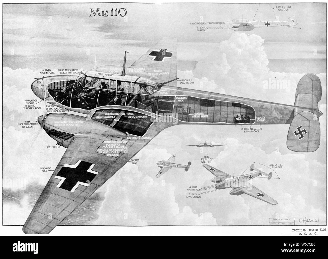 Messerschmitt Bf 110C fighter cutaway drawing, 1941 Stock Photo