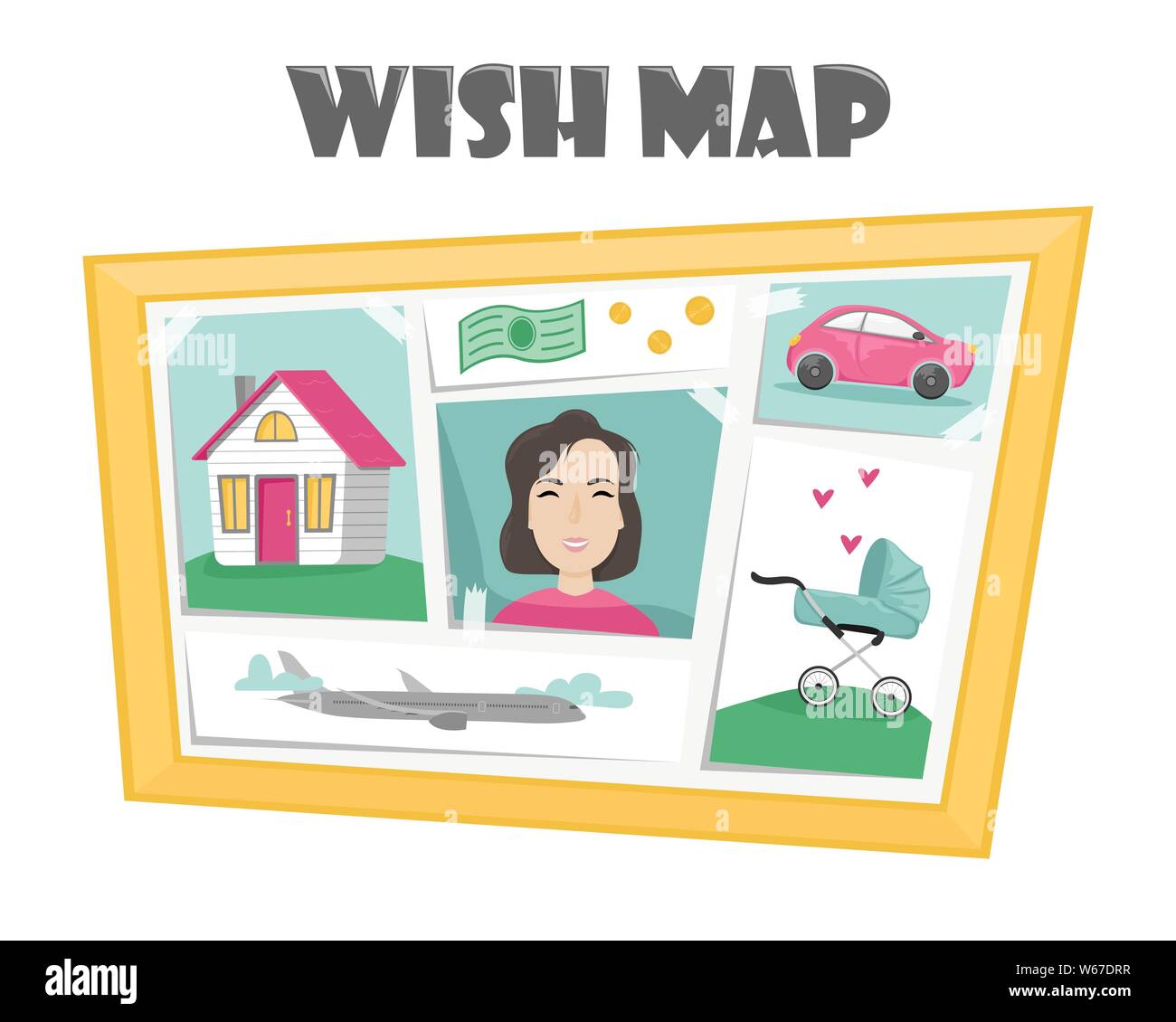 Vision board with pictures depicting dreams and desires. Marathon desires. Flat vector illustration in cartoon style. Stock Vector
