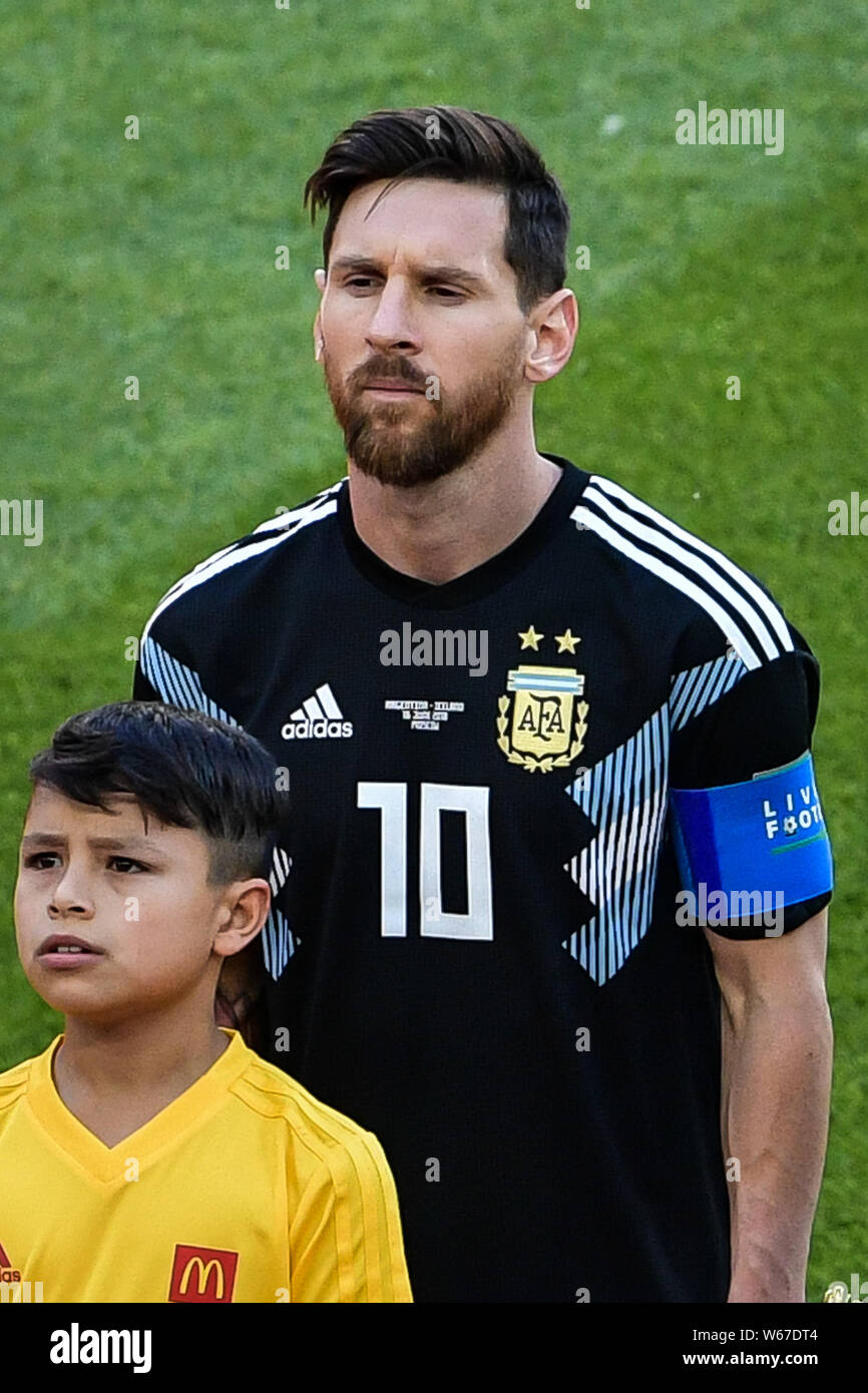 Lionel Messi of Argentina poses with other players of the starting line-up before their Group D match against Iceland during the FIFA World Cup 2018 i Stock Photo