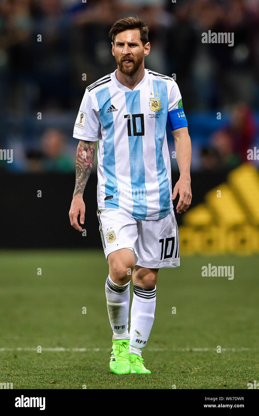 Lionel Messi of Argentina reacts in their Group D match against Croatia during the 2018 FIFA World Cup in Nizhny Novgorod, Russia, 21 June 2018.   Lio Stock Photo