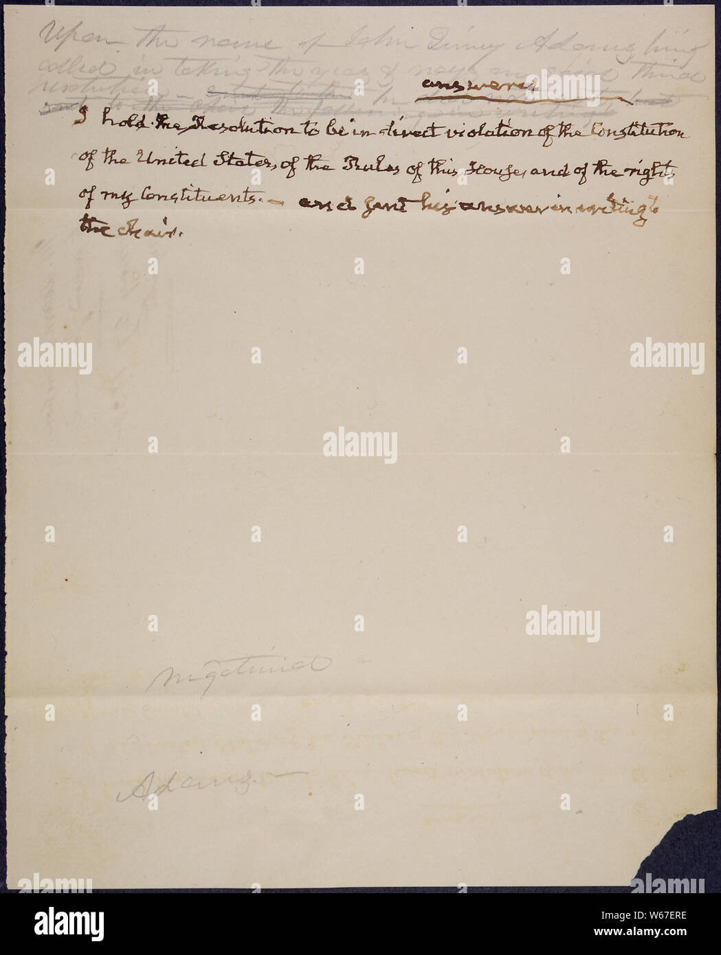 Motion offered by John Quincy Adams to amend the House Journal to include his statement that the recently passed gag rule was in direct violation of the Constitution, the Rules of the House of Representatives, and the rights of his constituents.; Scope and content:  The gag rule resolution that Adams is protesting stated that All petitions, memorials, resolutions, propositions, or papers, relating in any way, or to any extent whatsoever, to the subject of slavery, shall, without being either printed or referred, be laid upon the table, and that on further action whatever shall be had thereon. Stock Photo