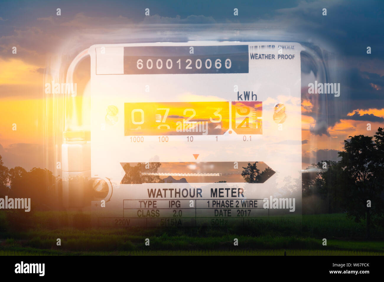 Electric power meter measuring power usage. Watt hour electric meter measurement tool. Stock Photo