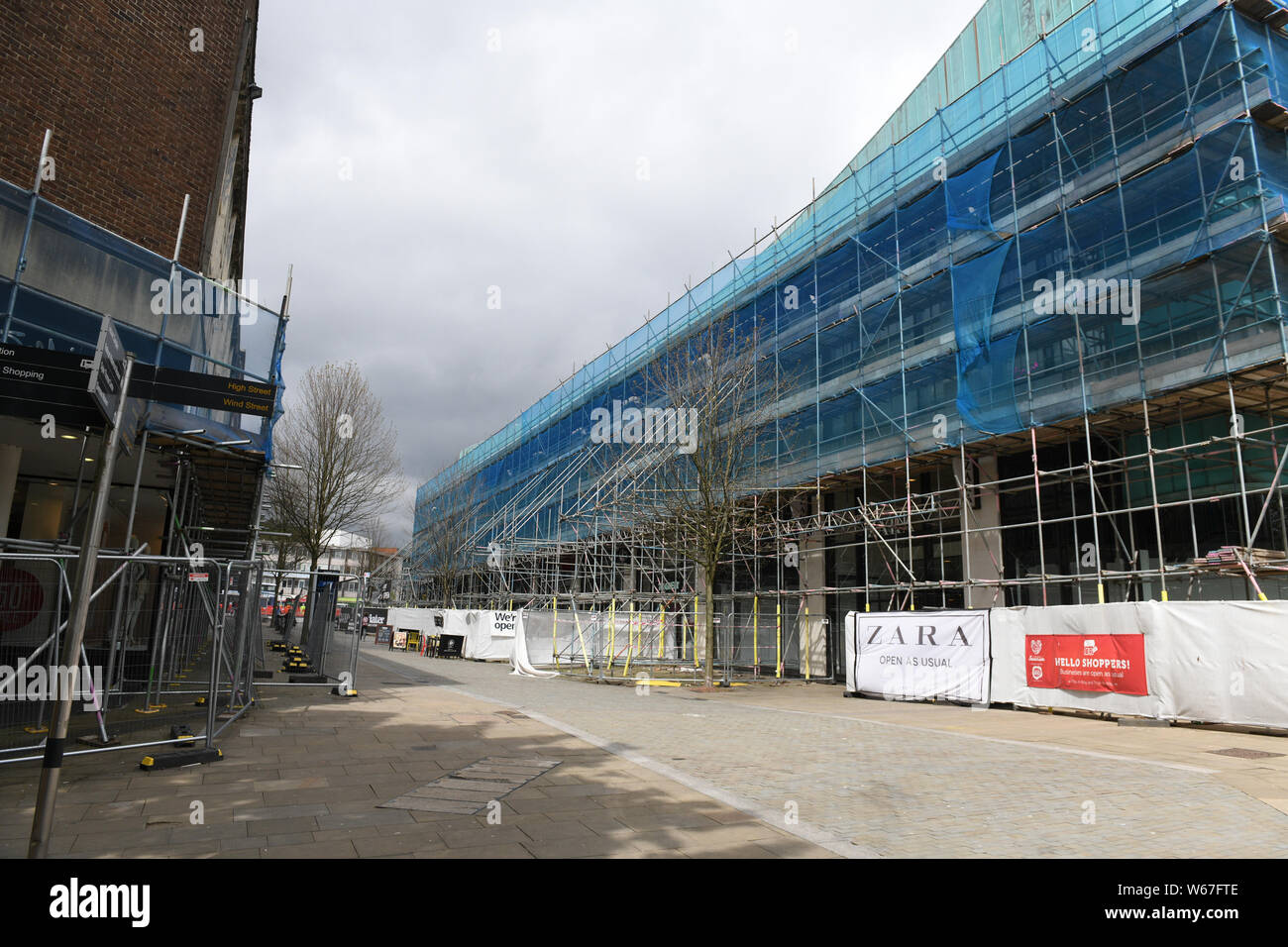 Scaffolding pictured on the outside of a city centre building in Swansea, UK. Stock Photo