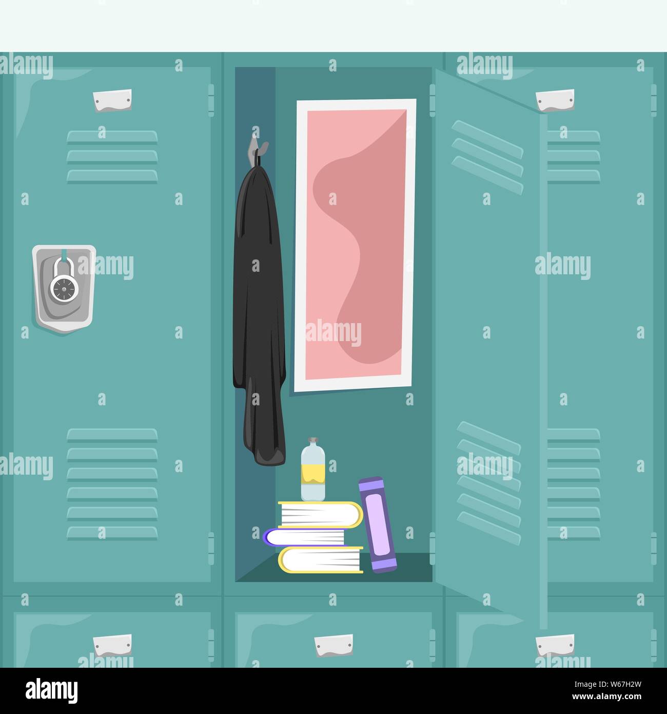 School locker with books and things. School corridor. Flat vector