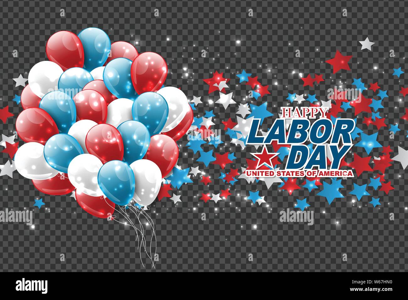 Labor back background design for advertisement or promotion. A bunch of balloons and stars over a transparent background. Blue, red, and white colors Stock Vector