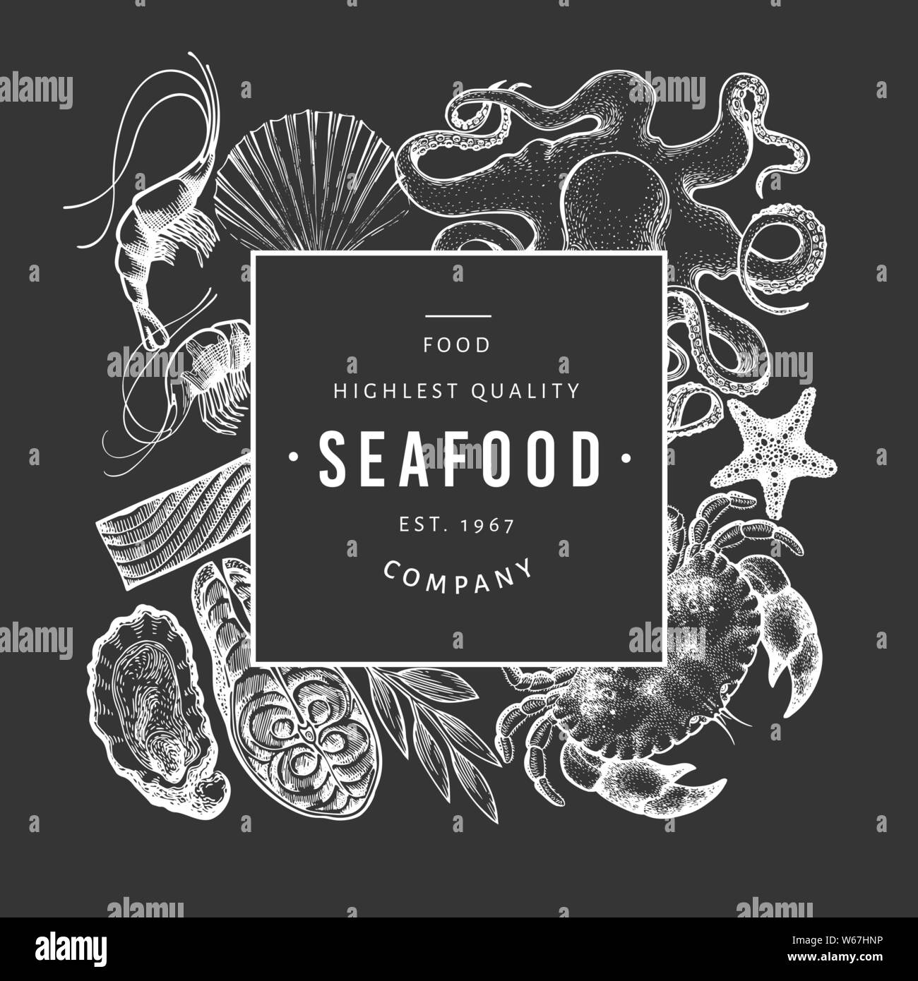 Seafood and fish design template. Hand drawn vector illustration on ...