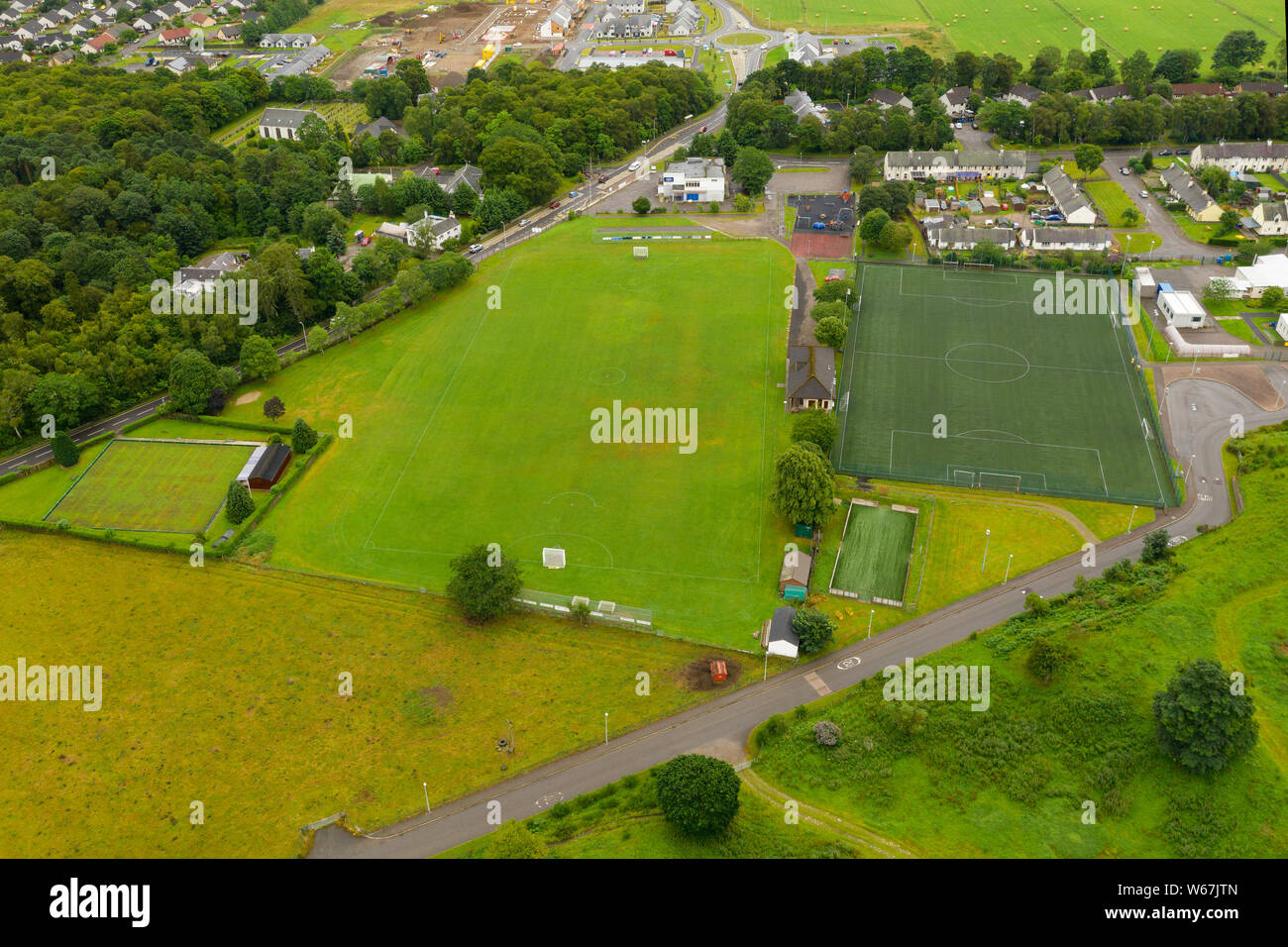 An aerial view of the Blairbeg shinty pitch in Drumnadrochit, near Inverness, Scotland, home of Glen Urquhart shinty Club. Stock Photo