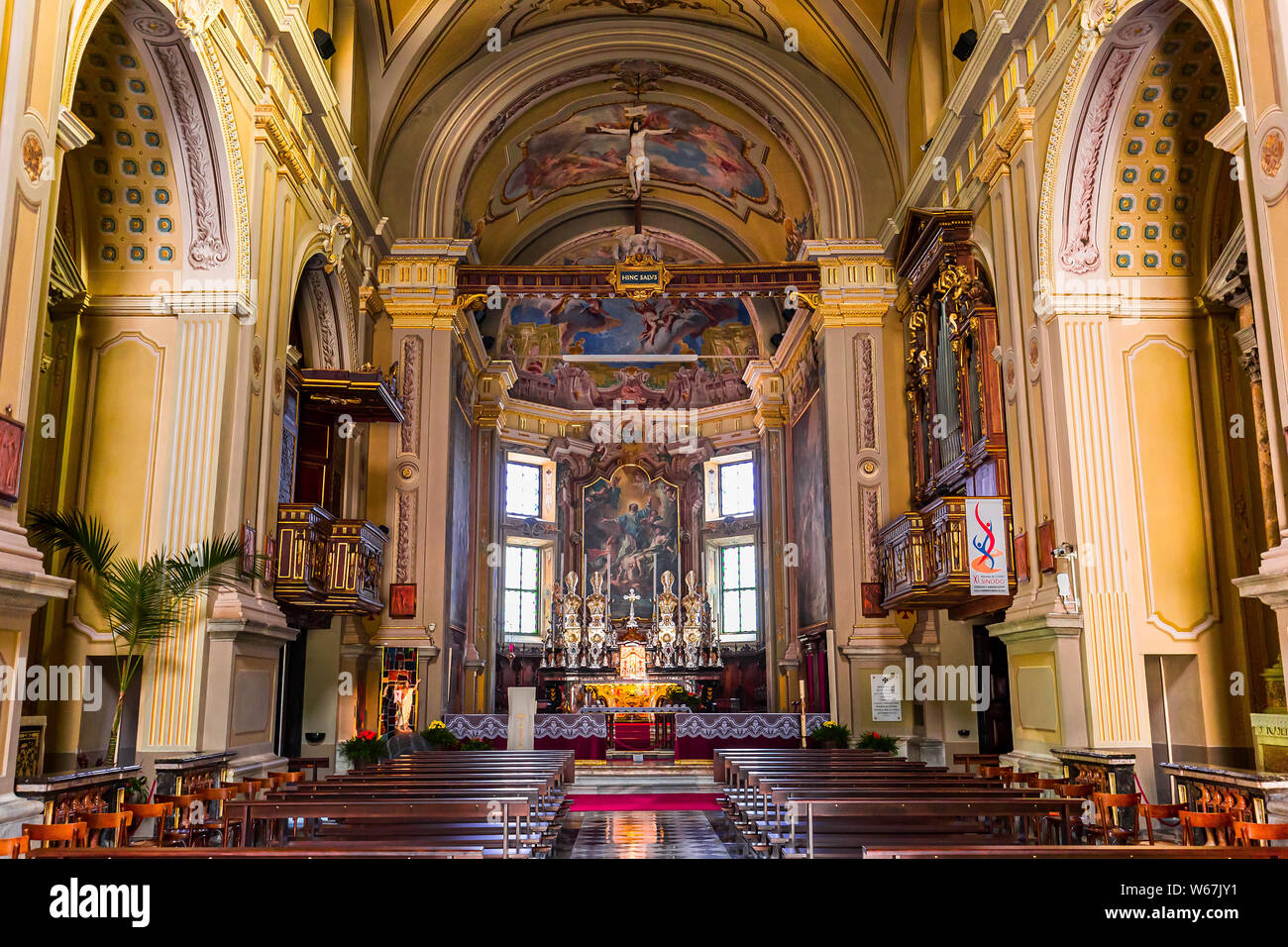 GRAVEDONA, ITALY, JUNE 05, 2019 : architectural decors and frescoes of santa Maria del Tiglio church , june 05, 2019, in Gravedona, lake Como, italy Stock Photo