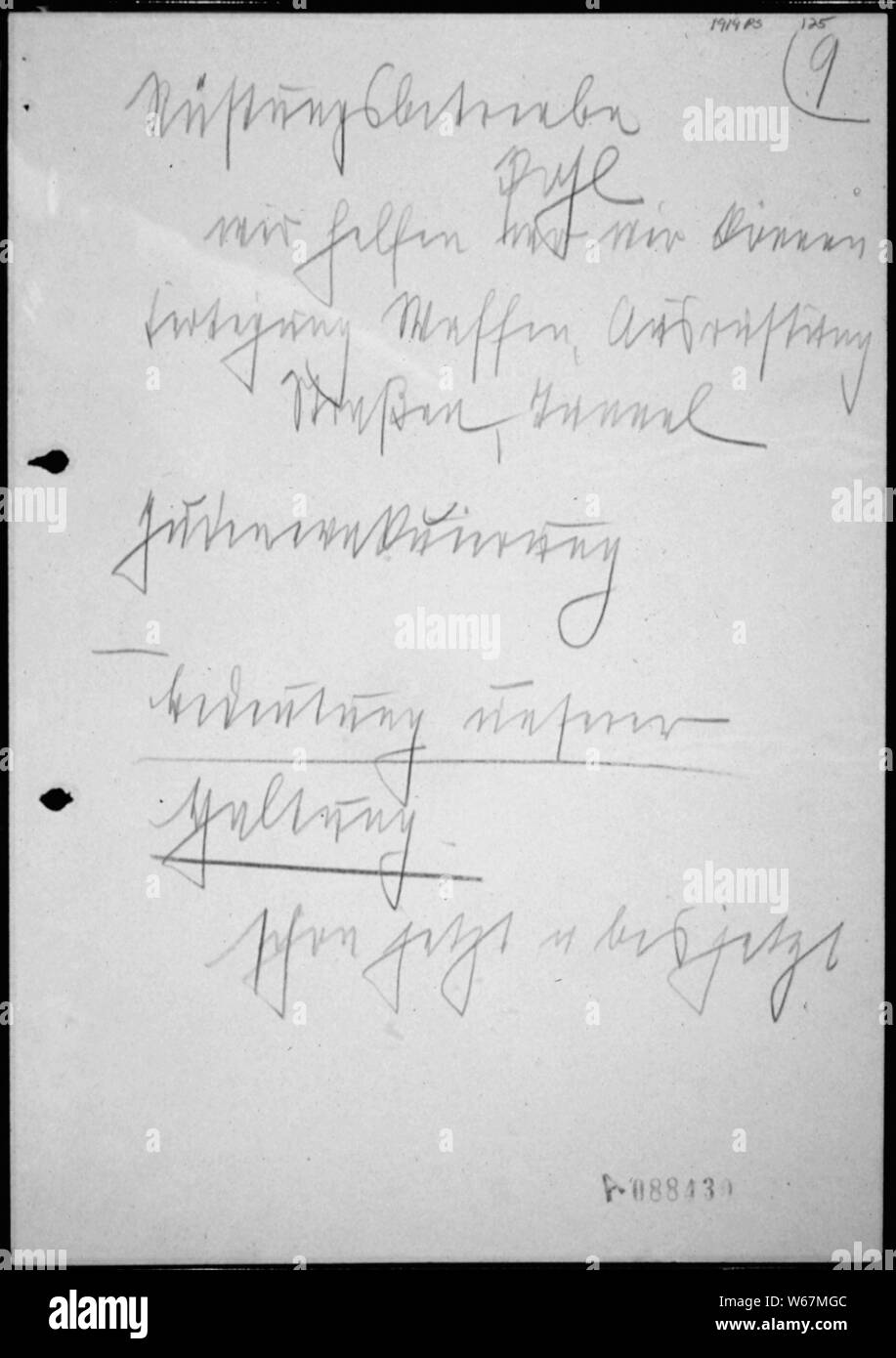 Notes of Heinrich Himmler, Chief of Nazi Guard (SS), for a Speech to SS Generals; Scope and content:  Heinrich Himmler was responsible for overseeing the implementation of the final solution. In a speech to 100 SS generals, he spoke of the extermination of Jews. This handwritten note uses the euphemism Judenevakuierung meaning evacuation of the Jews. However, in sound recordings of the speech, Himmler defined evacuation as extermination. General notes:  Exhibit 170 submitted to the Tribunal by the United States. Exhibit History: American Originals, December 1996 - December 1997, National Archi Stock Photo