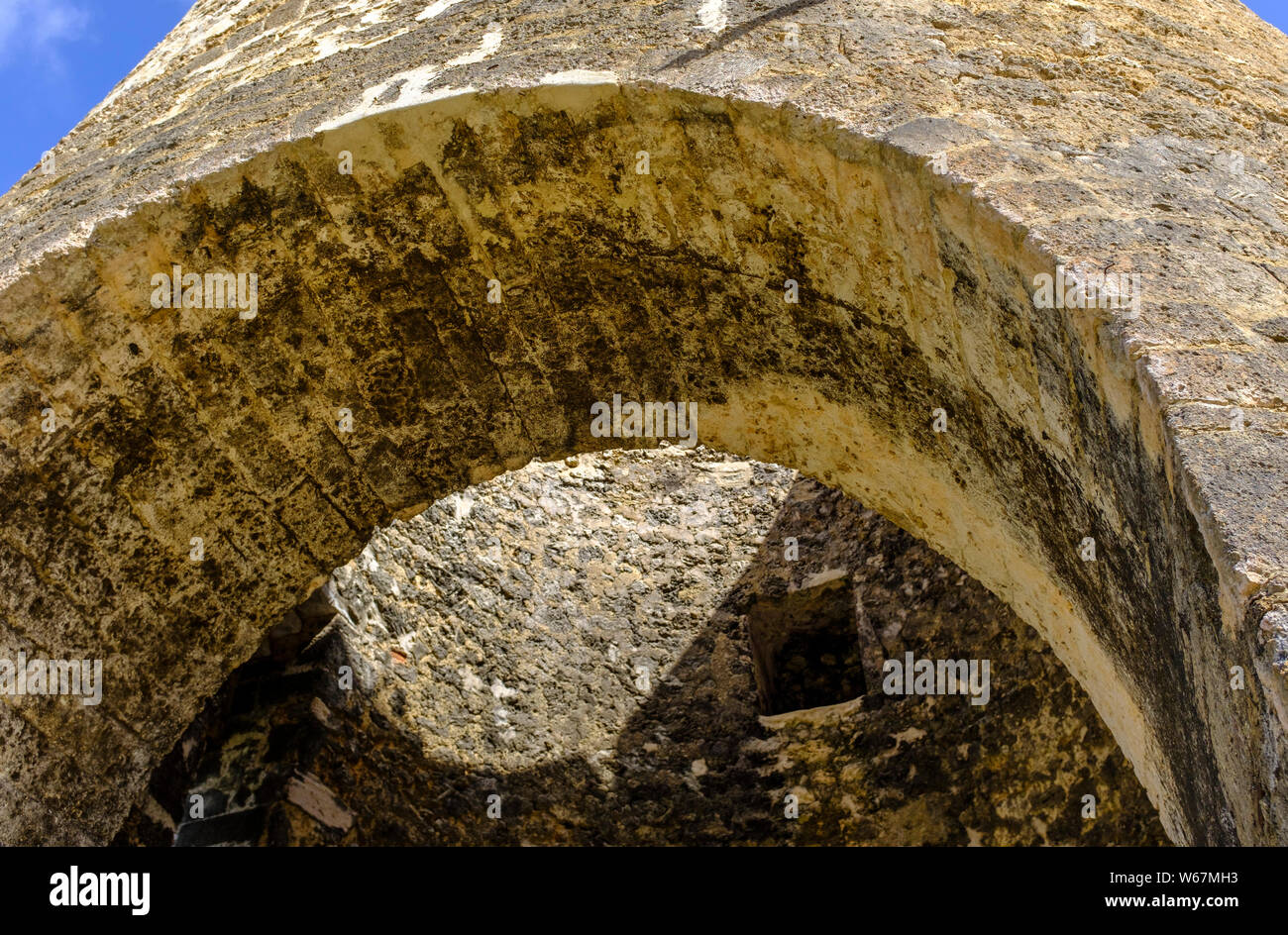 The ruins of a windmill, at St Nicholas Abbey, an artisanal rum distillery in the highland region of Barbados, in the Caribbean Stock Photo