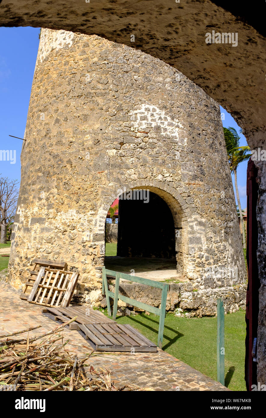 The ruins of a windmill, at St Nicholas Abbey, an artisanal rum distillery in the highland region of Barbados, in the Caribbean Stock Photo