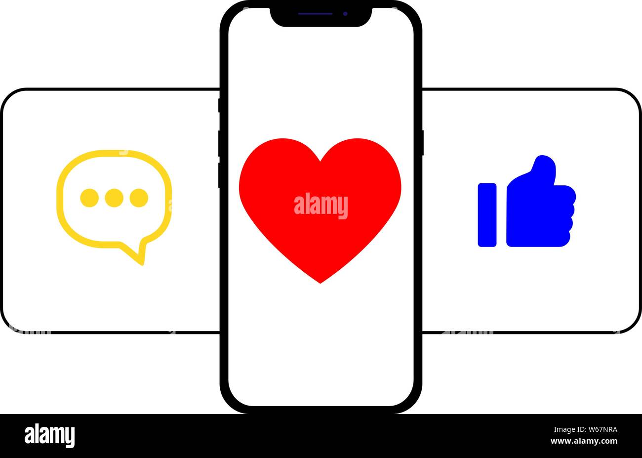 Communication in social networks. Image of mobile phone with message icons, likes, and subscribers. Perfect for the banner, website. Stock Vector