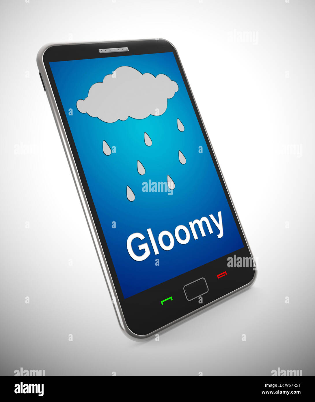 Gloomy weather smartphone means dreary and glum rainy downpours. Check weather online during season - 3d illustration Stock Photo