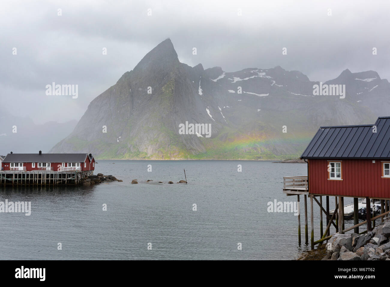 Rainbow near Hamnøy, island of Moskenesøy, Lofoten islands, Norway Stock Photo