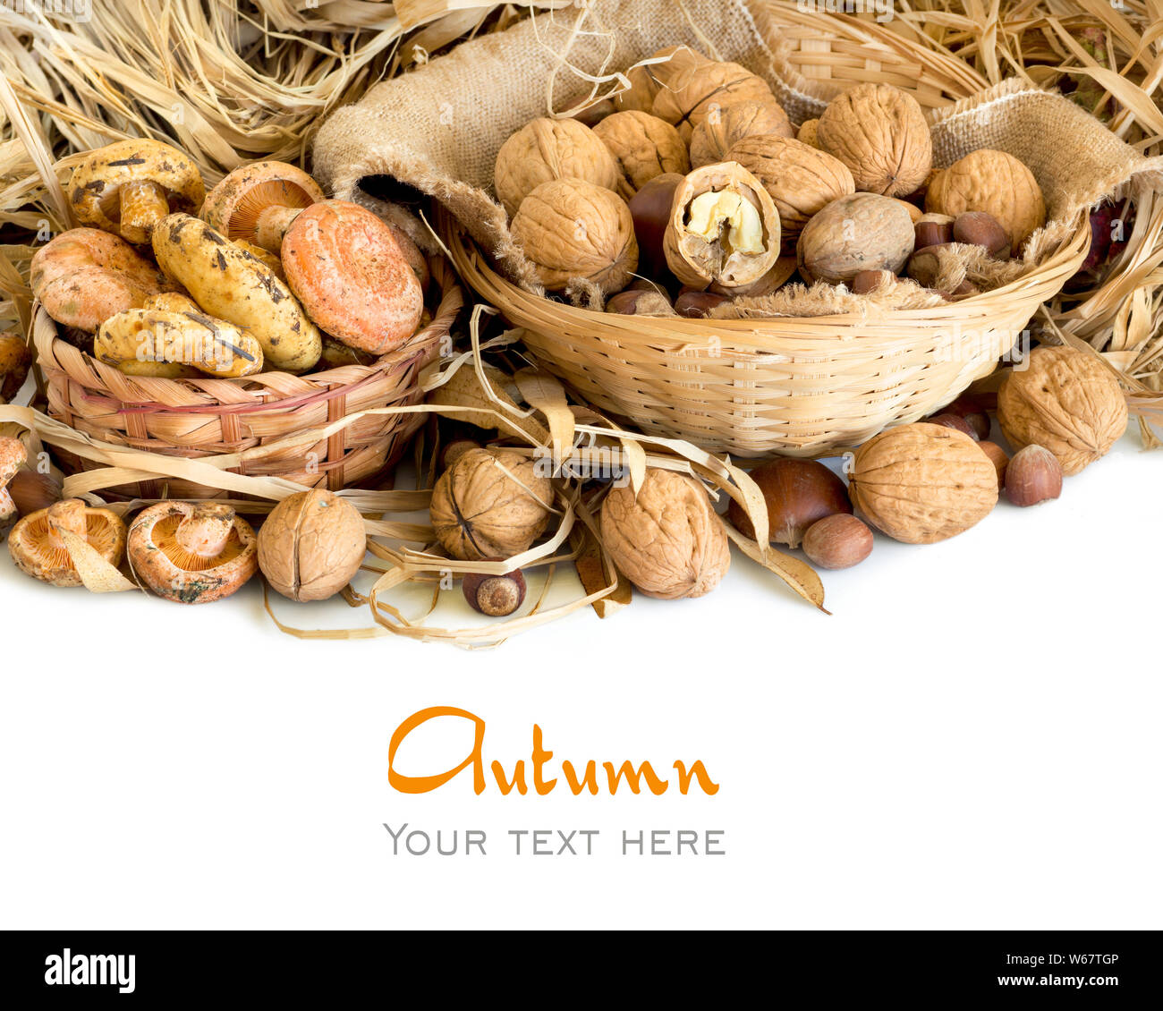 Various Nuts and mushrooms in baskets - autumn background Stock Photo