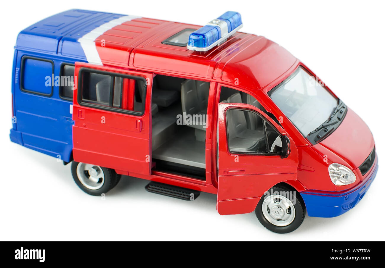 Toy police van with opened door side view. Children's toy plastic police car with isolated on white background Stock Photo