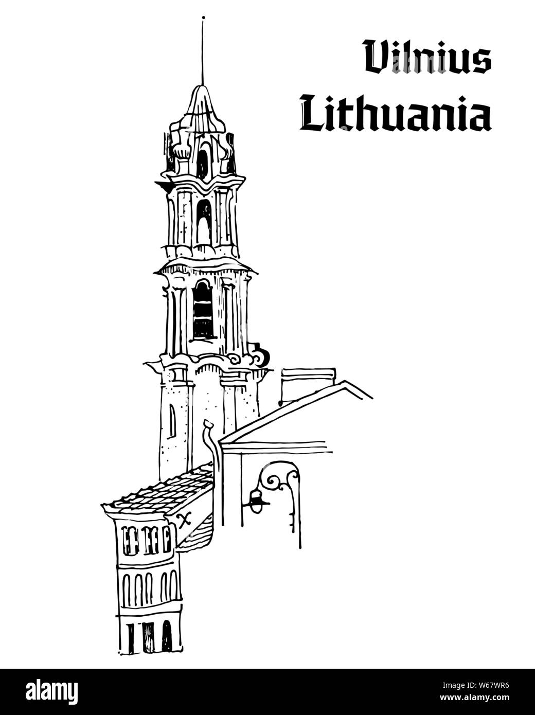 Old town motif. Vilnius, Lithuania. Bell tower, medieval houses, street lantern. Baltic states landmark. Postcard, coloring page. Hand drawn sketchy s Stock Vector