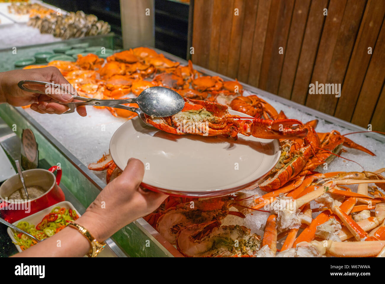 Woman hand using tongs and picking fresh lobster in restaurant Stock Photo  - Alamy