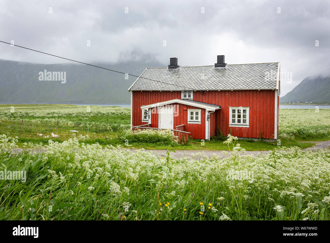 Flakstad, Norway - June 26, 2019: Old wooden home in Flakstad, Lofoten Islands, Norway Stock Photo